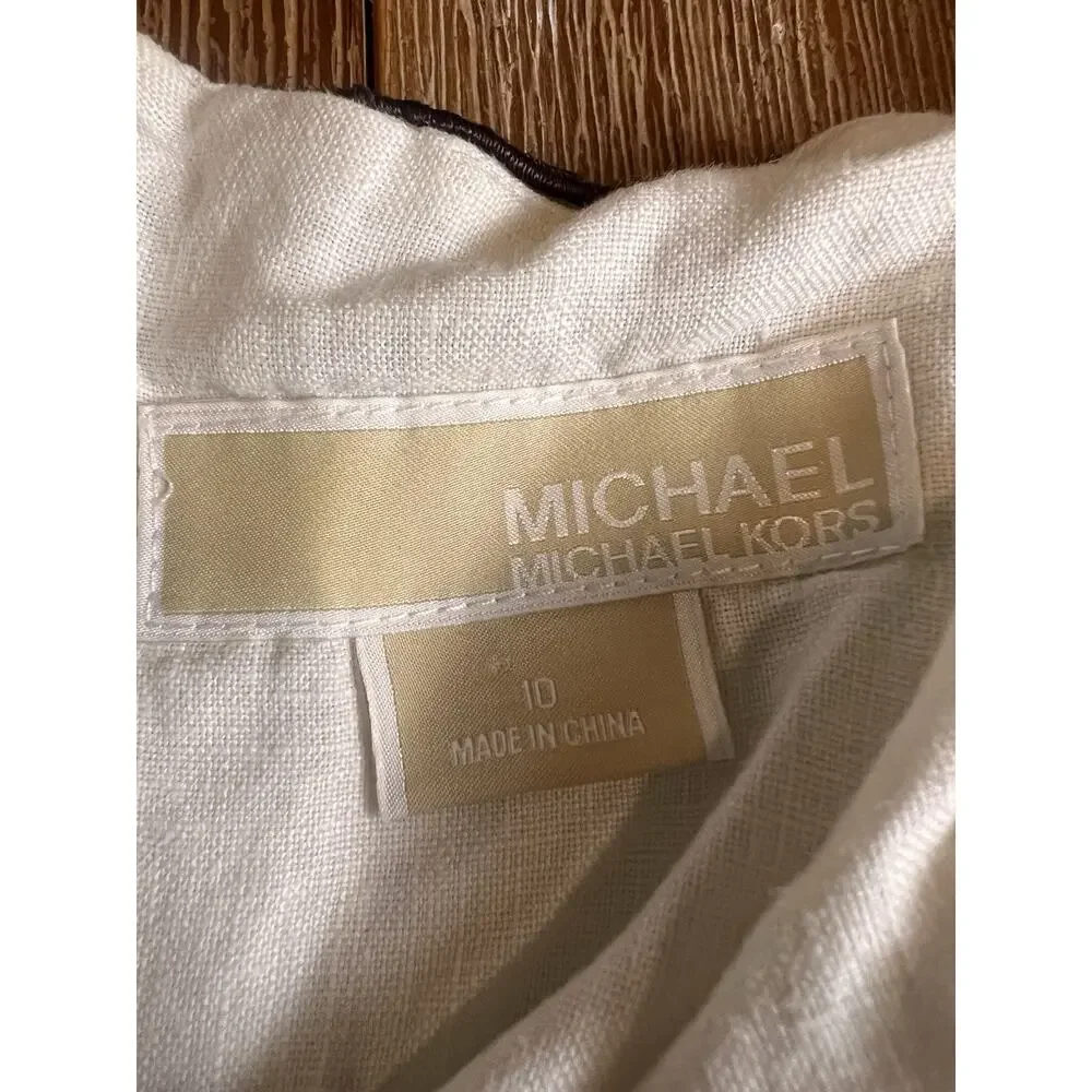 Michael Kors Linen Blend Embroidered Tunic Top Size 10 White Ombre Brown Boho